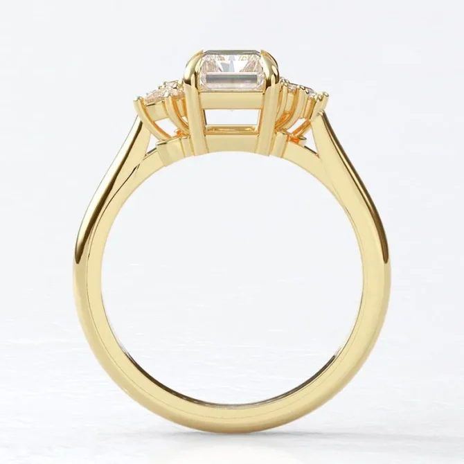 Custom made radiant cut centre diamond with pear and round 18k yellow gold side stone engagement ring sb5180 v2 - 01