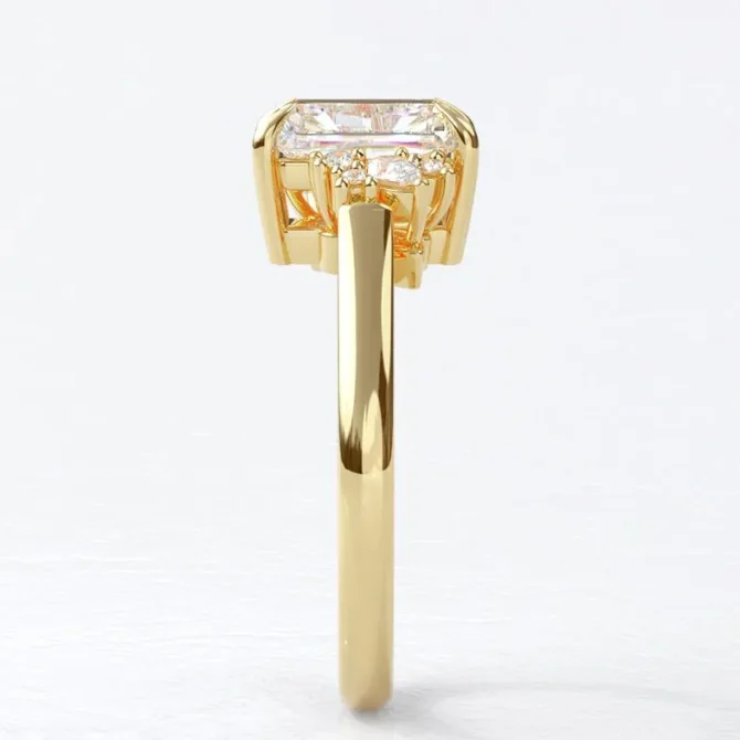 Custom made radiant cut centre diamond with pear and round 18k yellow gold side stone engagement ring sb5180 v2 - 02