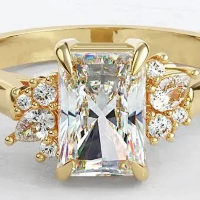 Custom made radiant cut centre diamond with pear and round 18k yellow gold side stone engagement ring sb5180 v2 - 03