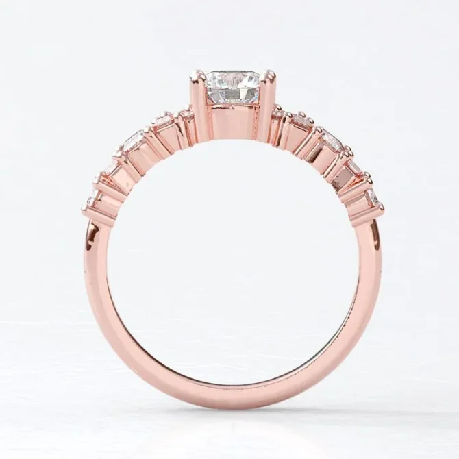 Custom made unique round cut and baguette 18k rose gold side stone engagement ring sb5221 image 01