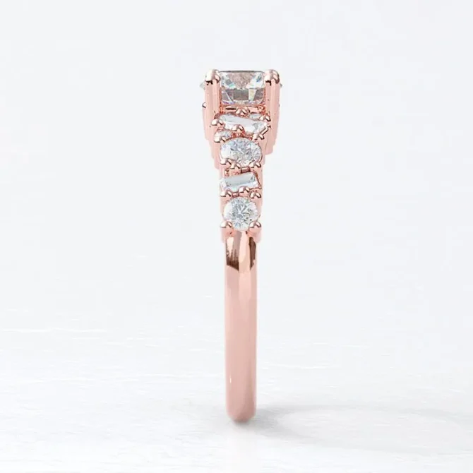 Custom made unique round cut and baguette 18k rose gold side stone engagement ring sb5221 image 02