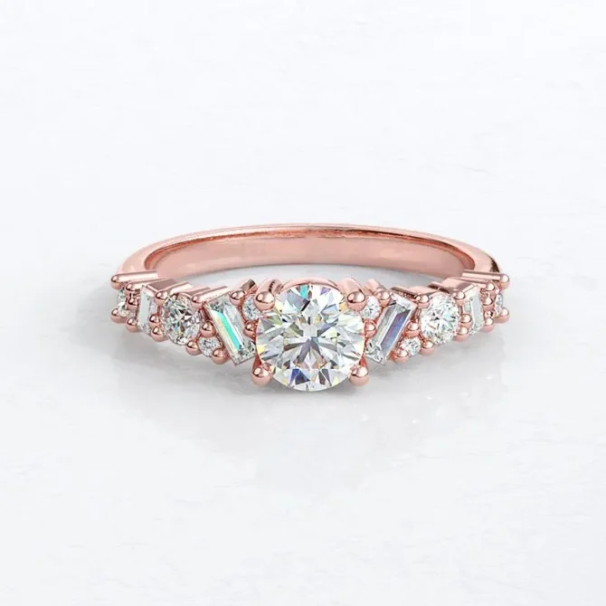 Custom made unique round cut and baguette 18k rose gold side stone engagement ring sb5221 image 03
