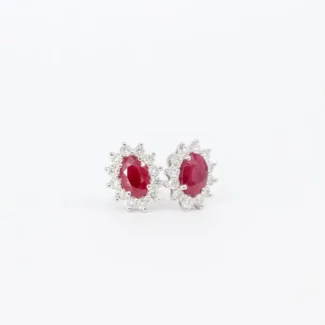 Elegant 1.66ct oval ruby earrings with a diamond halo in Diana style