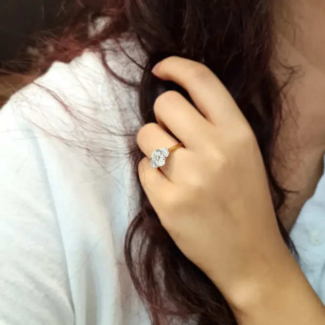 Oval and half moon lab grown diamond ring on hand-tr1095-5