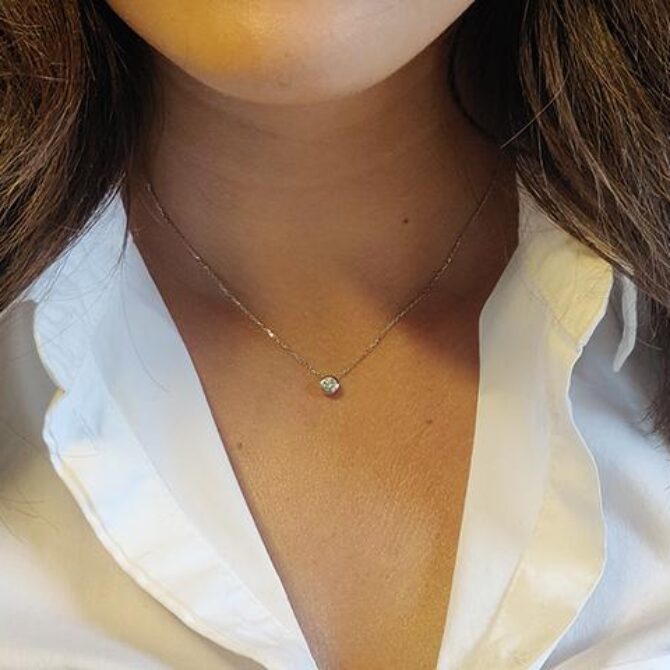 pn068 bezel set diamond pendant on model commins and co jewellers image 1