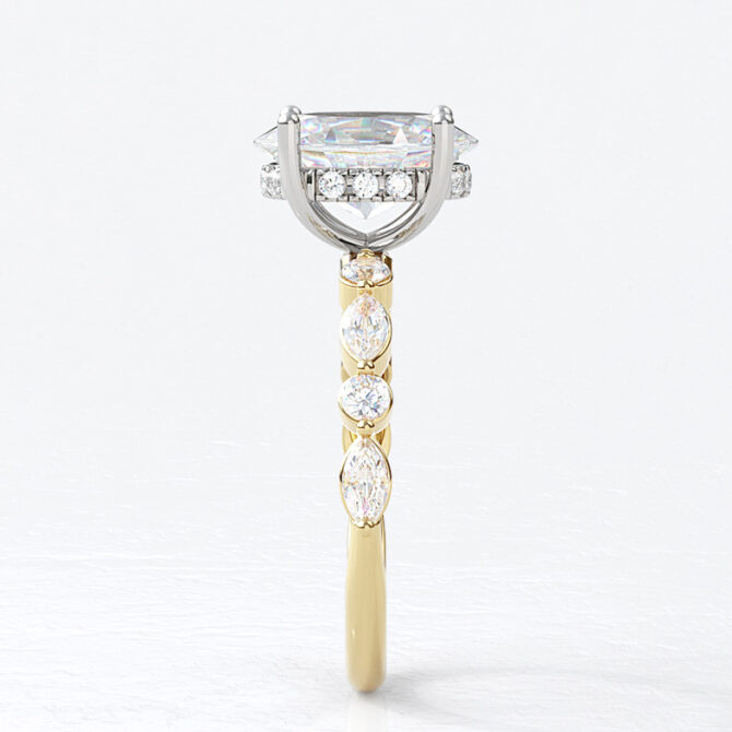 Oval Cut Side Stone Ring with marquise and round band and hidden halo PN1022 yellow gold 2