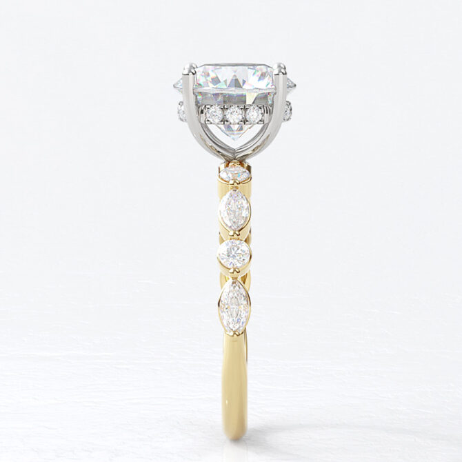 Round Cut Side Stone Ring with marquise and round band and hidden halo PN1044 yellow gold