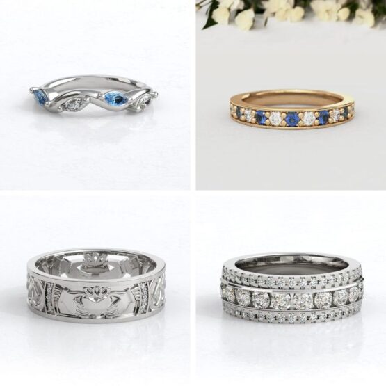 4 wedding rings with unique styles and gemstones