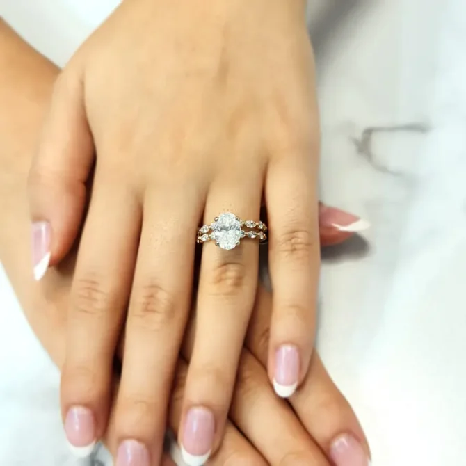 certified lab grown oval shape diamond engagement ring with invisible halo on hand-pr1022-5