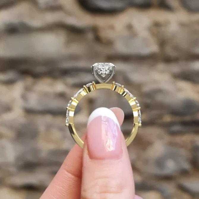 oval diamond engagement ring with invisible halo side view in yellow gold pr1022