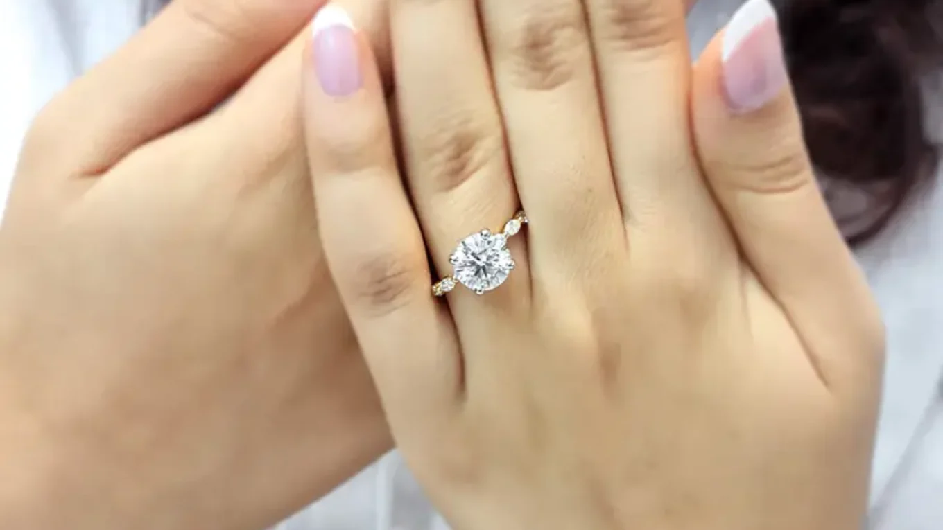 round brilliant cut diamond on hand with invisible halo and marquise diamonds on band - made in Ireland-pr1044-3