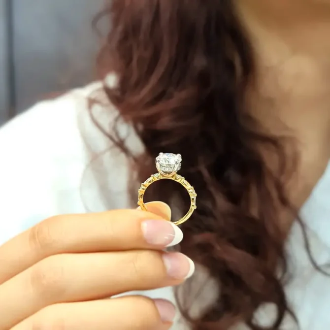 round brilliant cut diamond on hand with invisible halo and marquise diamonds on band - made in Ireland-pr1044-4