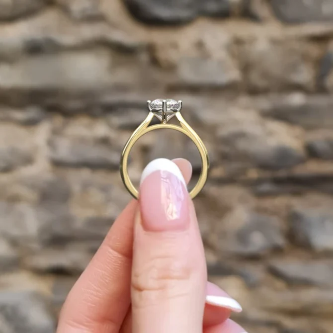 Compass set diamond engagement ring Sr1059 in yellow gold side view in hand