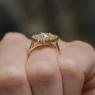 Double halo pear engagement ring in yellow gold on hand vr1108-2