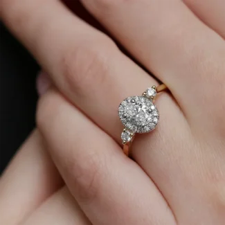 Oval halo with round diamond on side on hand -vr1100