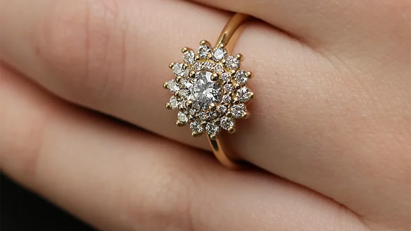 Vintage style double halo diamond engagement ring on hand vr1109
