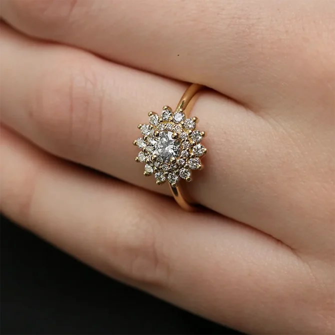 Vintage style double halo diamond engagement ring on hand vr1109