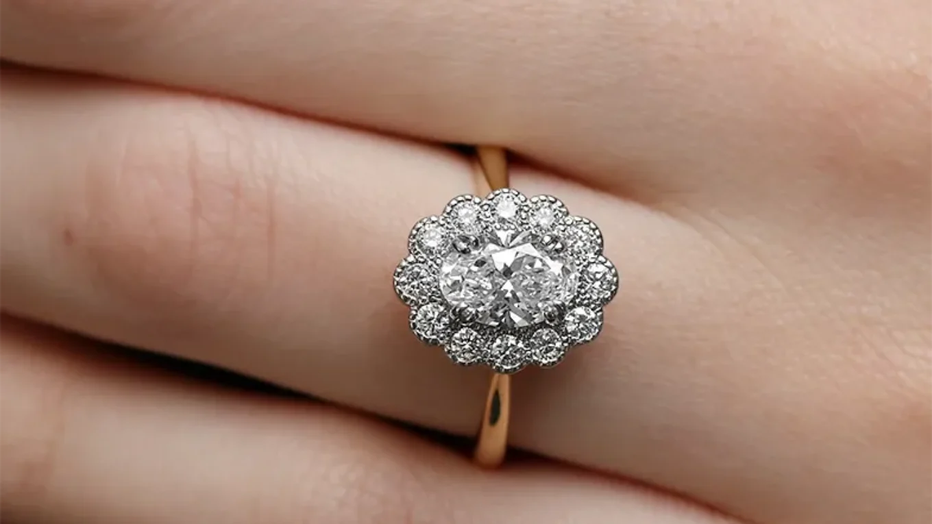Vintage style oval halo milgrain diamond ring on finger VR1115