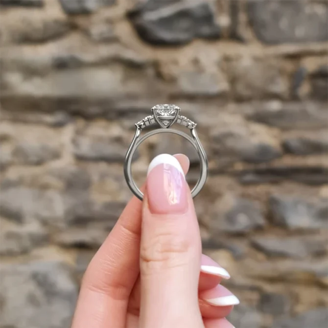 Cushion cut diamond engagement ring with vintage style band in white gold side view pr1070