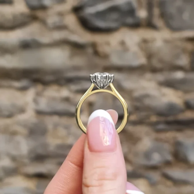 hand image 8mm six claw tulip solitaire ring sr1010 made in Ireland yellow gold - Made in Dublin, Ireland