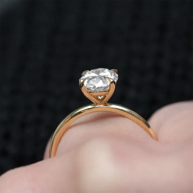 1.55ct Oval Cut Solitaire Diamond Engagement Ring SR1102 on hand side view Made in Dublin, Ireland