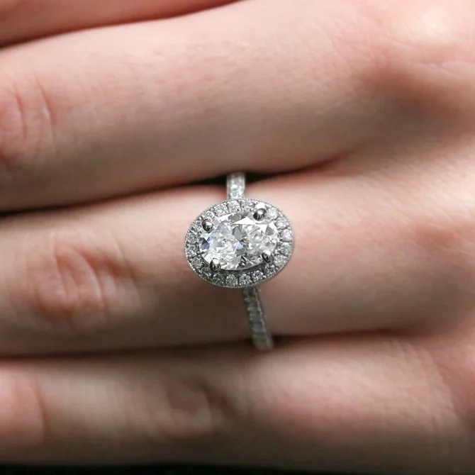 Oval Cut Diamond Engagement Ring VR1116 on hand