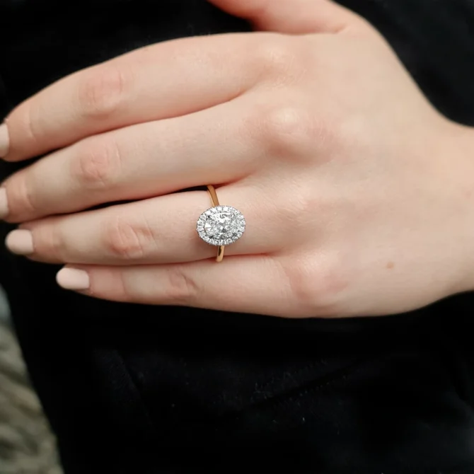 Oval Cut Halo Engagement Ring VR1101 on hand