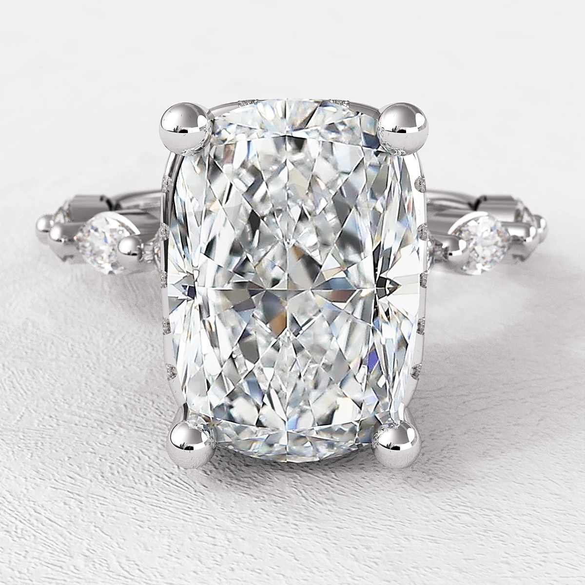 Elongated Cushion Cut Engagement Ring with hidden halo
