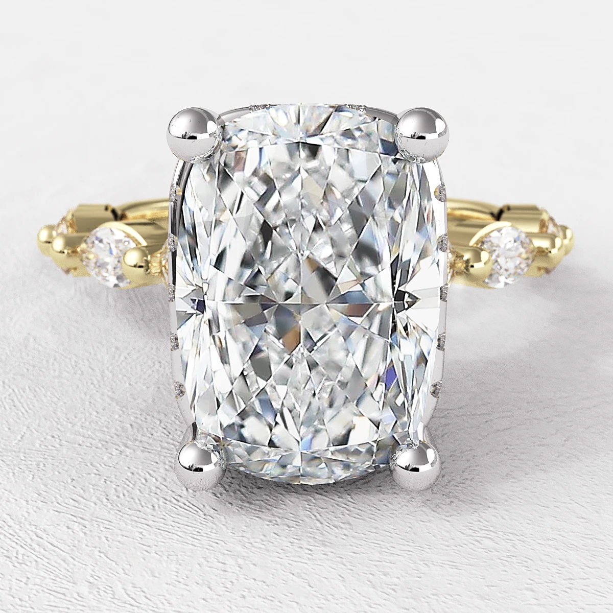 Elongated Cushion Cut Engagement Ring with hidden halo