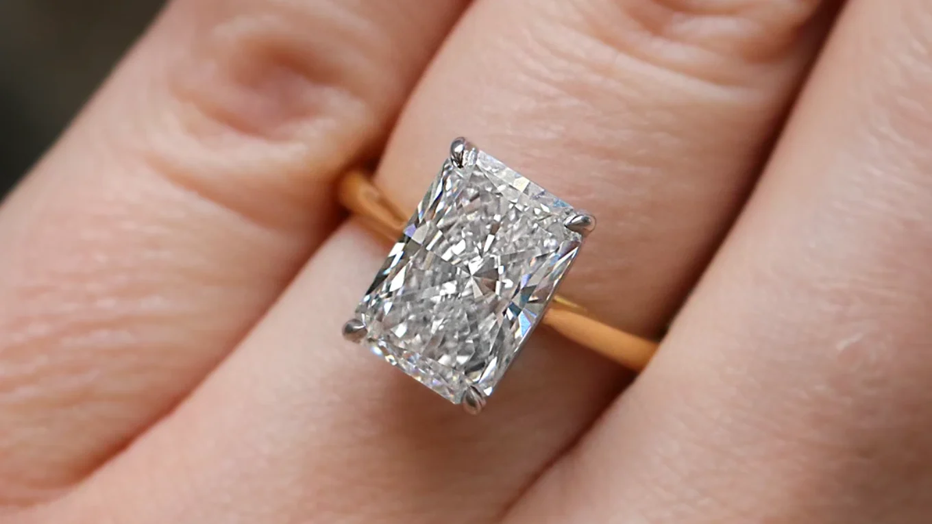 3.80ct Radiant Cut Diamond Engagement Ring SR1104 in yellow gold on hand - Made in Dublin