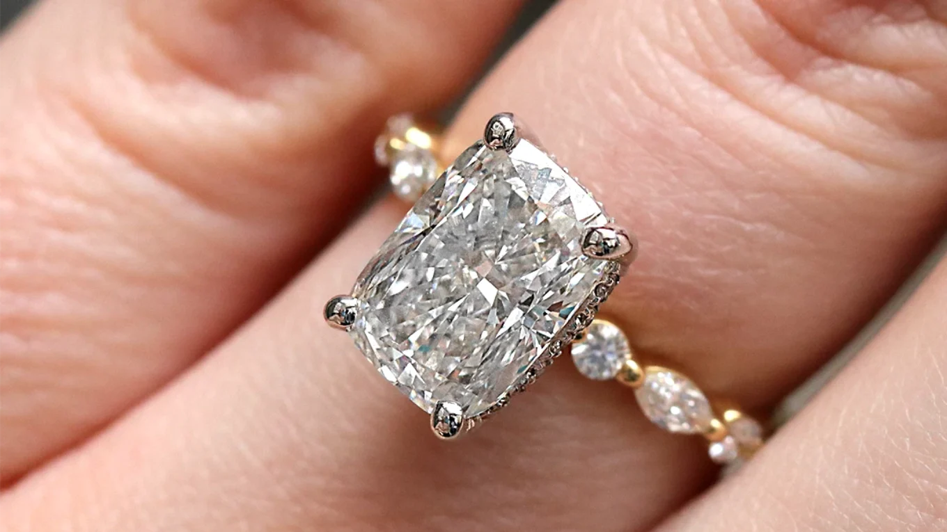 Elongated Cushion Cut Engagement Ring with hidden halo PR1084 on hand Made in Dublin, Ireland