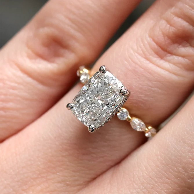 Elongated Cushion Cut Engagement Ring with hidden halo PR1084 on hand Made in Dublin, Ireland