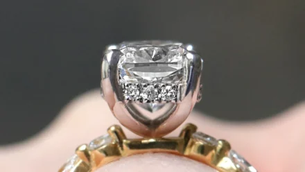 Elongated Cushion Cut Engagement Ring with hidden halo PR1084 on hand side view - Made in Dublin, Ireland