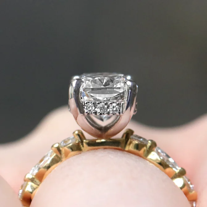 Elongated Cushion Cut Engagement Ring with hidden halo PR1084 on hand side view - Made in Dublin, Ireland