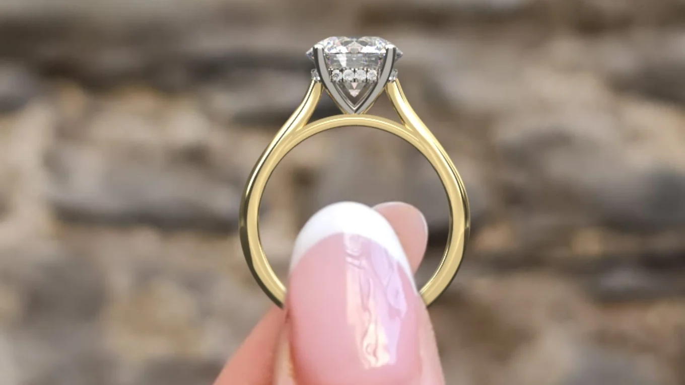 Hidden halo engagement ring in yellow gold - side view sr1021 - Made in Dublin, Ireland