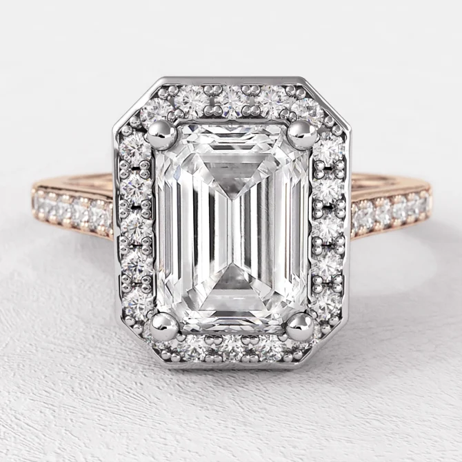 VR1006 emerald cut pave set halo diamond engagement ring rose gold