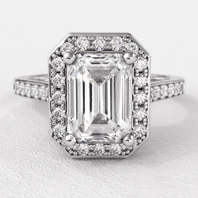 VR1006 emerald cut pave set halo diamond engagement ring white gold