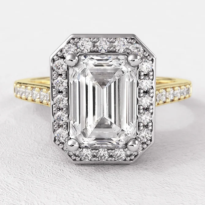 VR1006 emerald cut pave set halo diamond engagement ring yellow gold