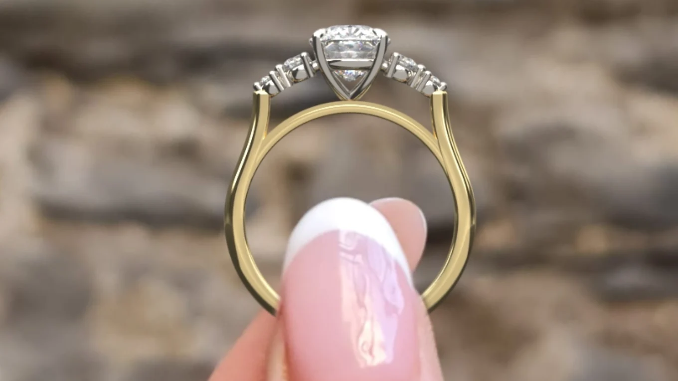 2.16ct Side Stone Cushion Cut Diamond Ring PR1100 yellow gold side view