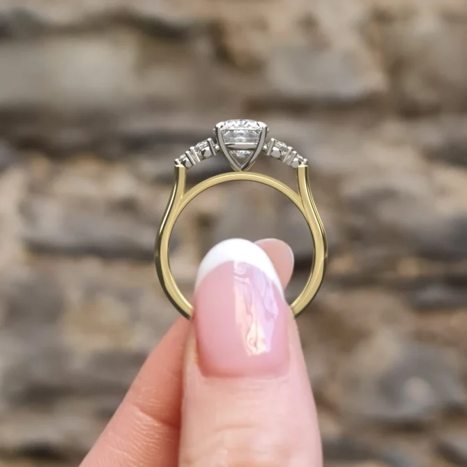 2.16ct Side Stone Cushion Cut Diamond Ring PR1100 yellow gold side view