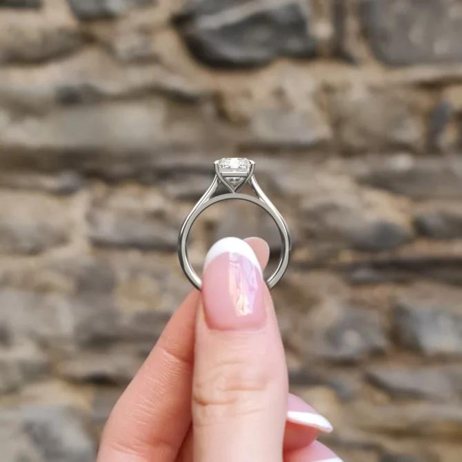 2.50ct Radiant Cut Diamond Engagement Ring SR1031 in white gold side view - Made in Dublin, Ireland