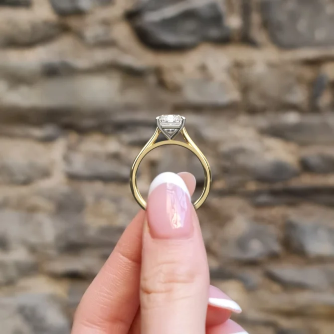 2.50ct Radiant Cut Diamond Engagement Ring SR1031 in yellow gold side view - Made in Dublin, Ireland