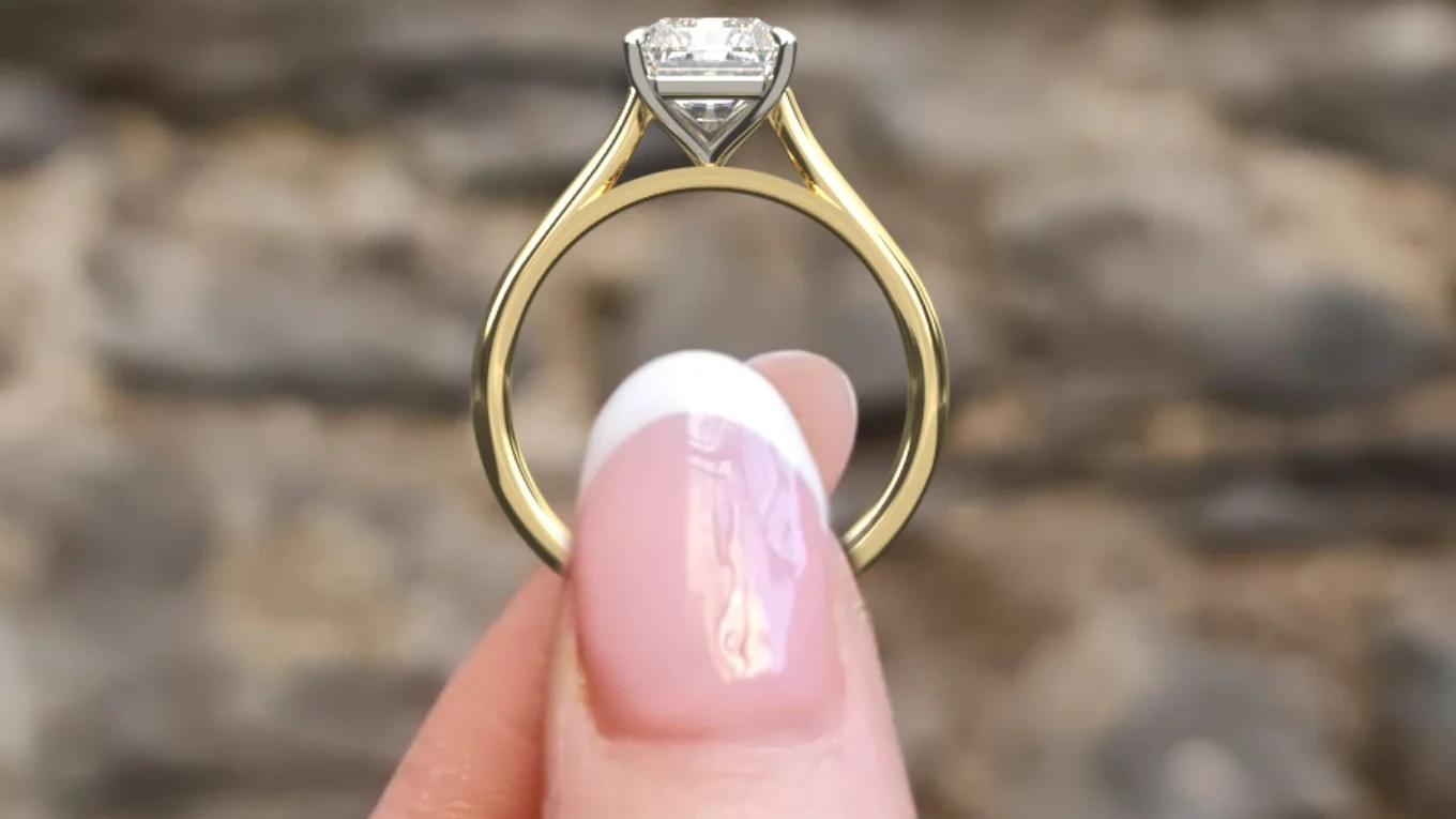 2.50ct Radiant Cut Diamond Engagement Ring SR1031 in yellow gold side view - Made in Dublin, Ireland