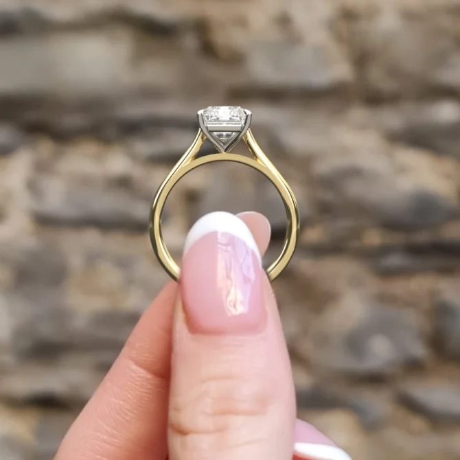 2.50ct Radiant Cut Diamond Engagement Ring SR1031 in yellow gold side view - Made in Dublin, Ireland