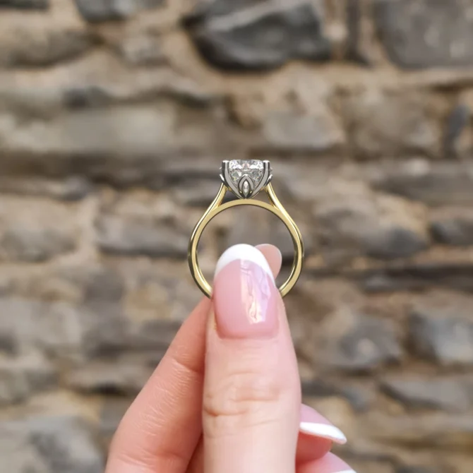 3.00ct Round Four Claw Tulip Solitaire Diamond Ring SR1001-9.0mm yellow gold side view - Made in Dublin, Ireland