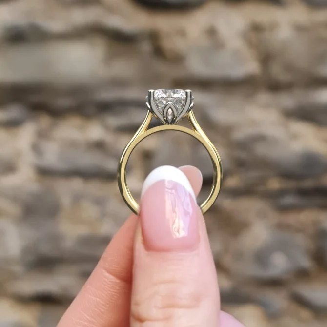 3.00ct Round Four Claw Tulip Solitaire Diamond Ring SR1001-9.0mm yellow gold side view - Made in Dublin, Ireland