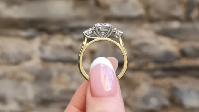 3.0ct Round Cut Trilogy Yellow Gold Diamond Ring TR1070 - side view