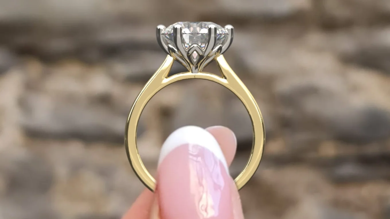 4.00ct Round Six-Claw Tulip Solitaire Ring SR1010 in yellow gold side view - Made in Dublin, Ireland