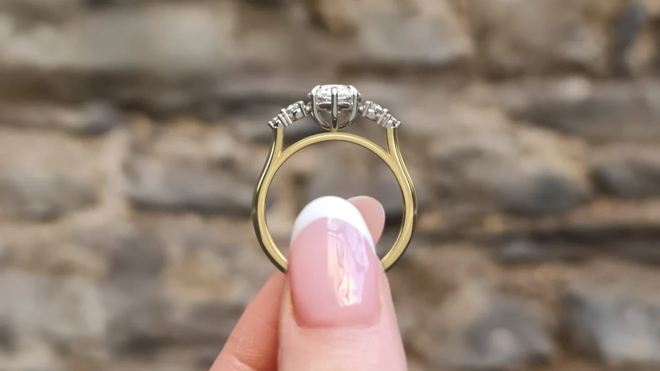 Graduating pear cut diamond side stone ring pr1101 yellow gold - side view