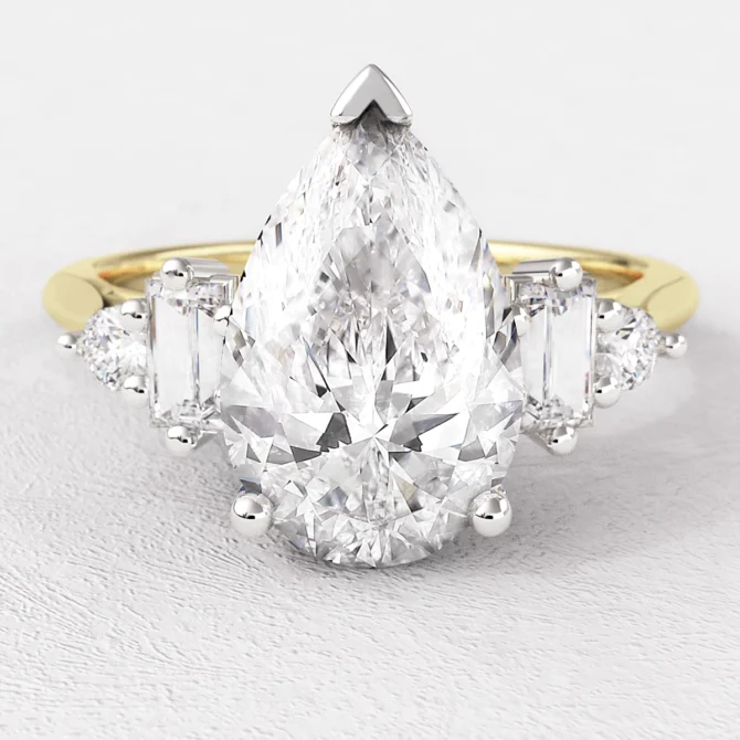 Pear cut side stone ring with baguette side diamond in white gold pr1095 yellow gold